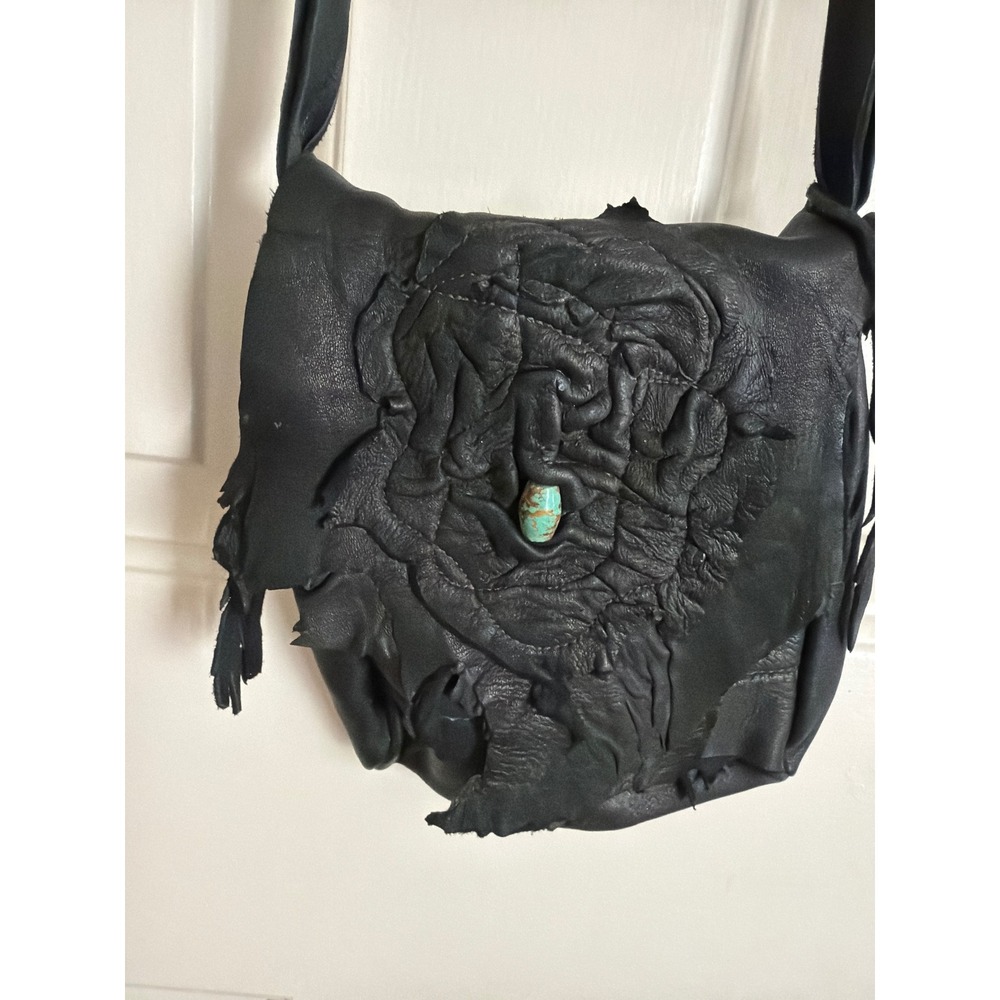 Handmade Black Leather Rose Crossbody Bag Genuine Turquoise Stone Fringe Art